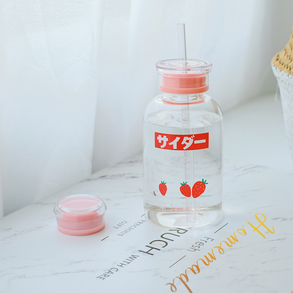 A Cup Of Double Lid Straw Net Red Cartoon Glass