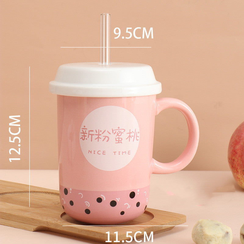 Fashion Personality Ceramic Mug With Lid And Straw Spoon