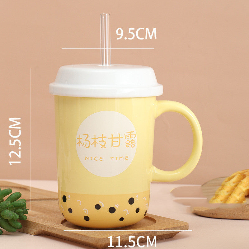 Fashion Personality Ceramic Mug With Lid And Straw Spoon