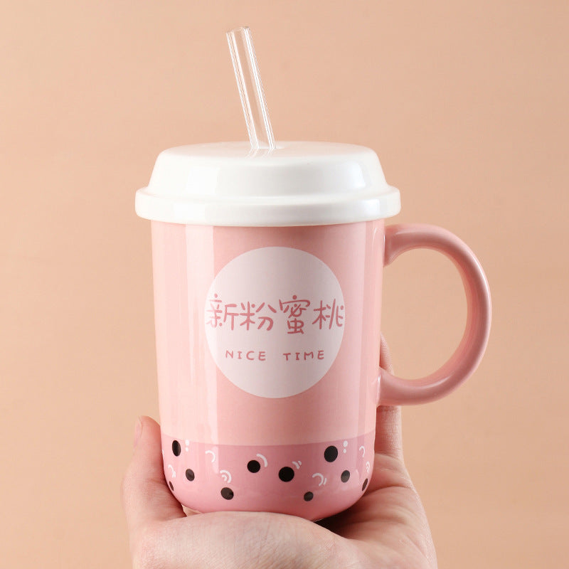 Fashion Personality Ceramic Mug With Lid And Straw Spoon