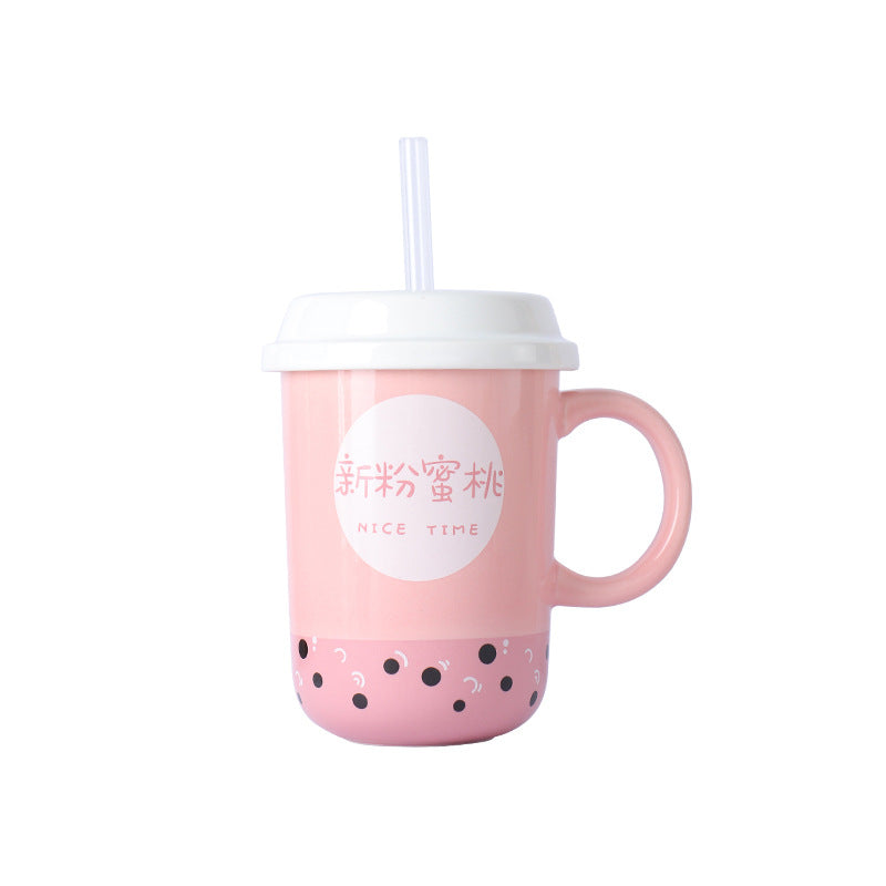 Fashion Personality Ceramic Mug With Lid And Straw Spoon