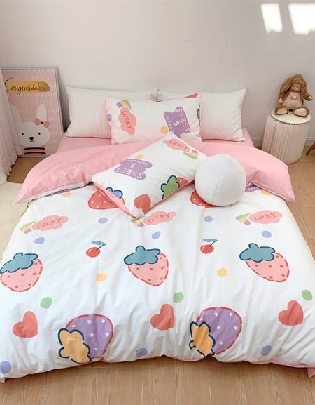 Kawaii Pink Strawberry Bedding Set