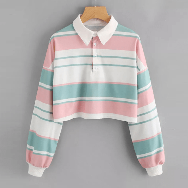 Kawaii Crop Striped Sweatshirt - BlossomMemento