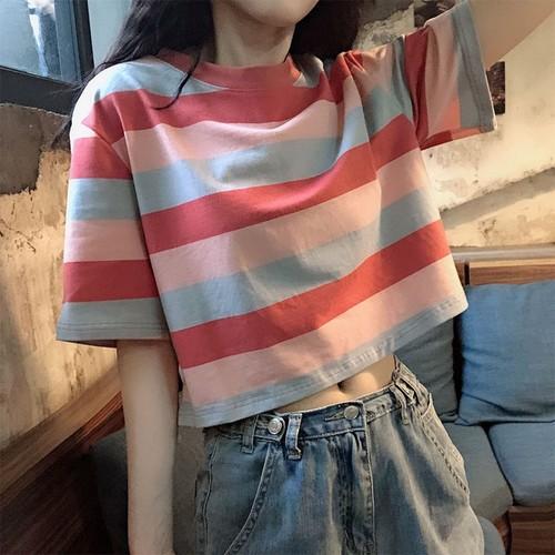 Kawaii Short Sleeve Stripe T-shirt - BlossomMemento