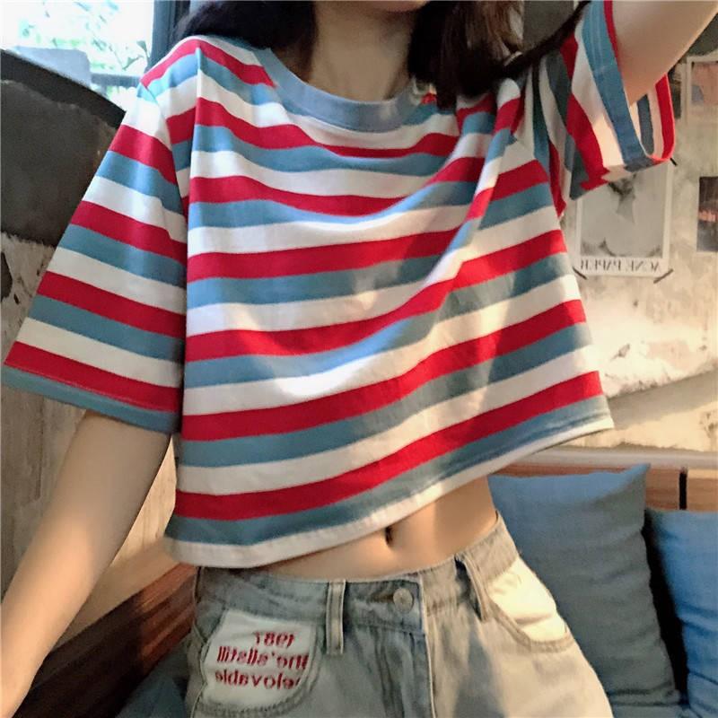 Kawaii Short Sleeve Stripe T-shirt - BlossomMemento